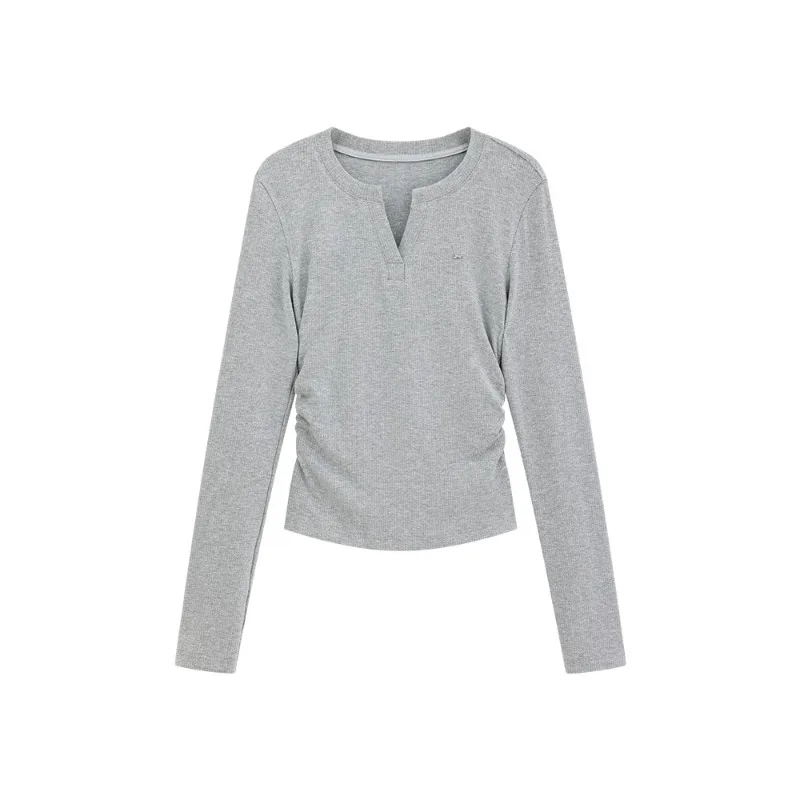 Camiseta feminina slim fit com decote em V, manga comprida elástica, elegante, camada de base de malha cinza, roupa para outono, casual, uso diário