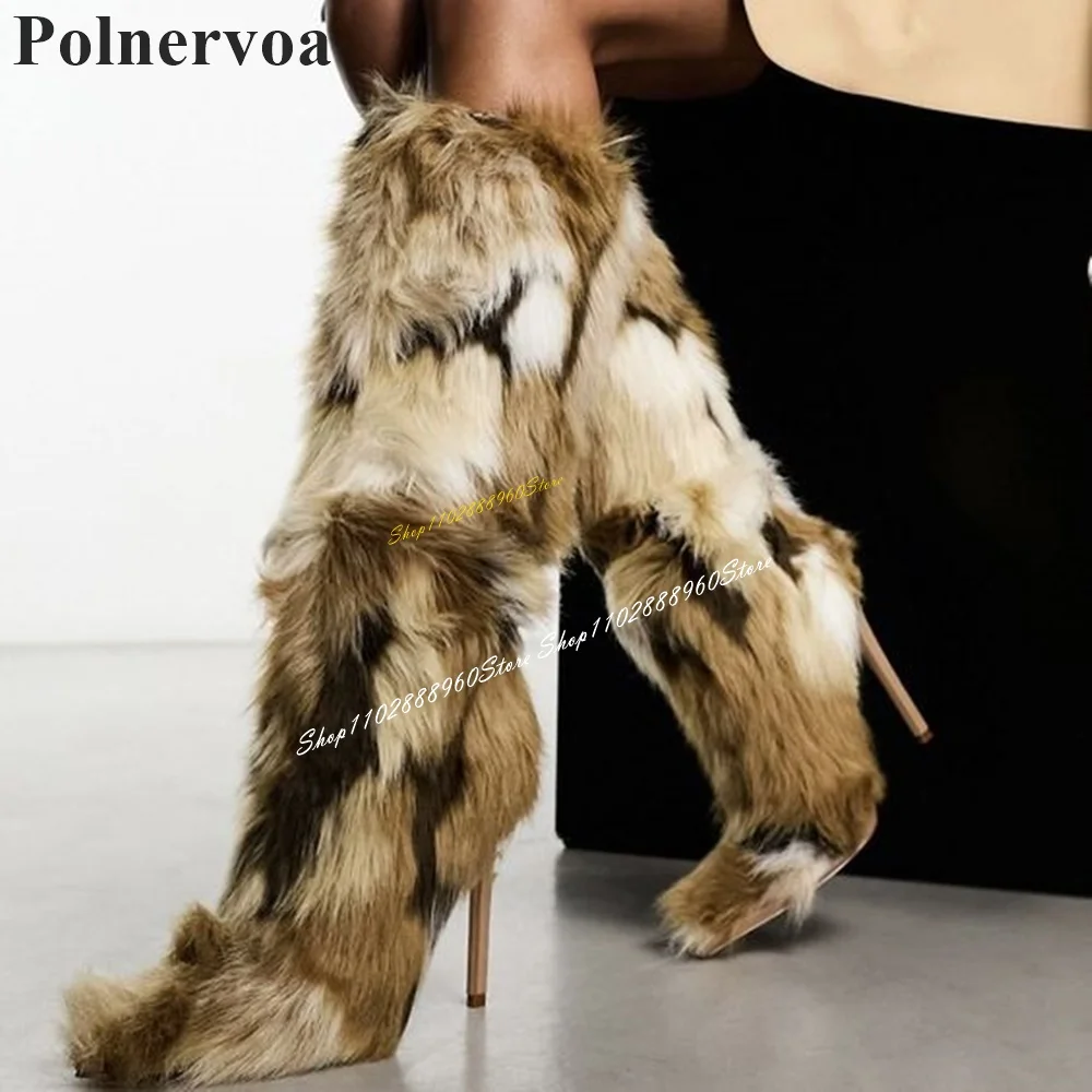 

Trending Knee High Mixed Color Furry Boots Thin High Heel Women Shoes Side Zipper Pointed Toe 2024 Fashion Zapatos Para Mujere