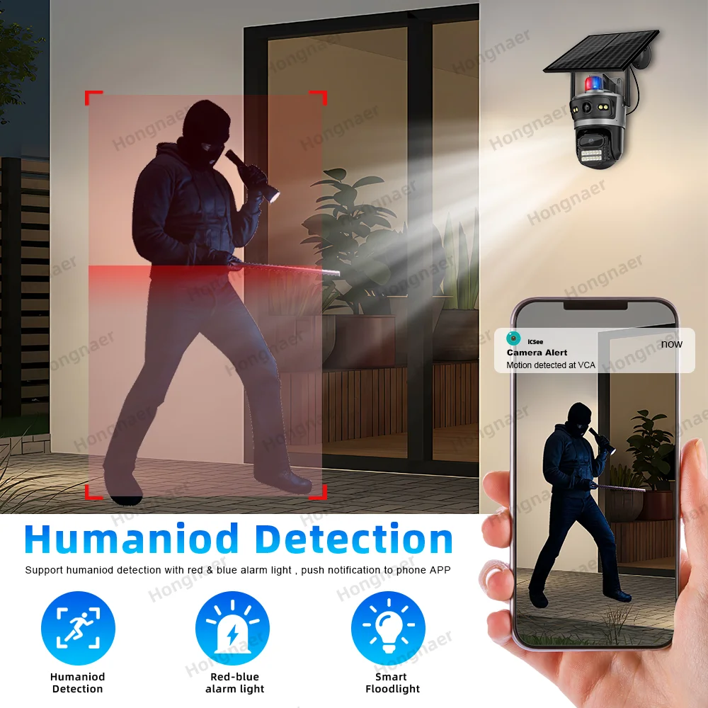 Hongnaer 8MP 4K عدسة مزدوجة AOV 24/7 تسجيل واي فاي لاسلكي يعمل بالطاقة الشمسية ICSee الأمن في الهواء الطلق 4G بطاقة Sim CCTV كاميرا تعمل بالطاقة الشمسية