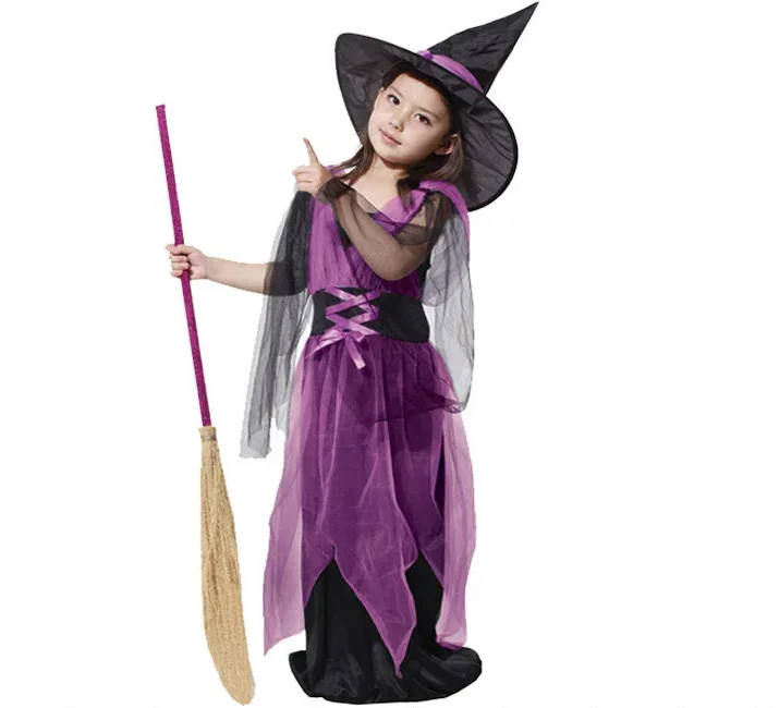 Halloween-Hexen-Kostüm-Geschenkset für Kinder, lila, schwarz, unregelmäßiges Tüllkleid, Hut, Party, Fotografie, Cosplay-Set – Detail 10
