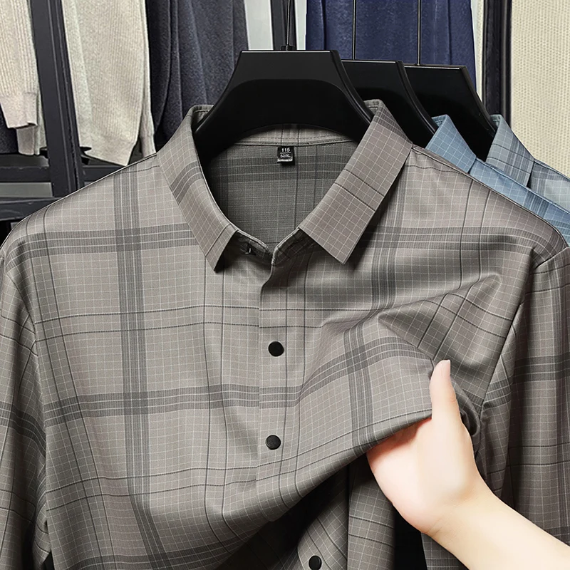 

Дизайнерская мужская рубашка с длинным рукавом с лацканами в клетку и пуговицами спереди, осенняя деловая повседневная дышащая классическая модная трендовая мужская одежда