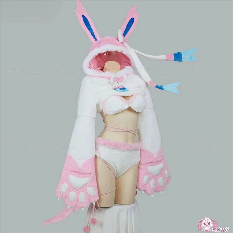 

Women's PM Derivative Furry Paw Sexy Lingerie Set Plush Short Hoodie and Bra Panty with Stockings Halloween Christmas Fest FD1;6