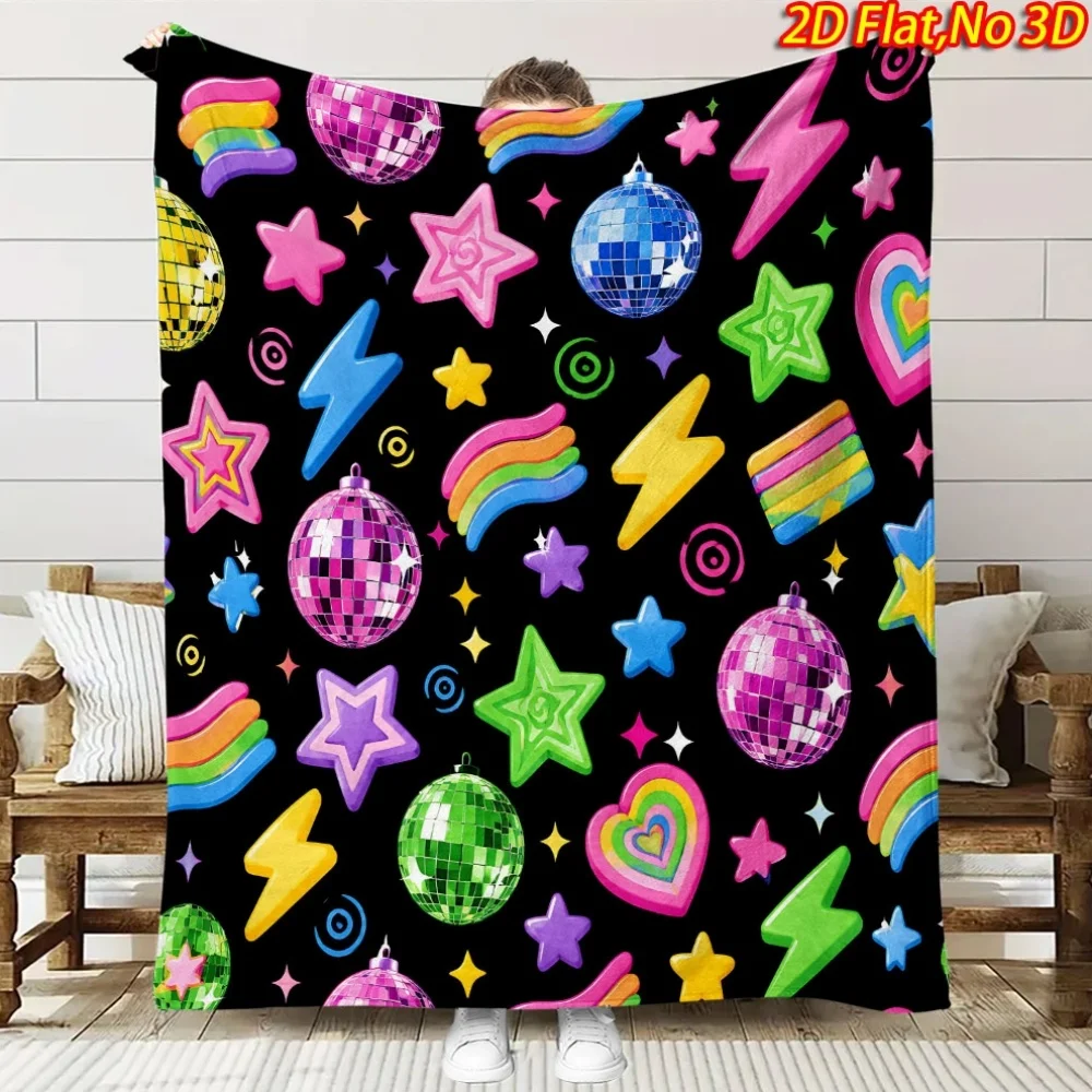 1pc 2D Flat Printing Spring & Summer New Arrival Neon Colorful Star Lightning Heart Disco Ball Theme Digital Print Blanket, All