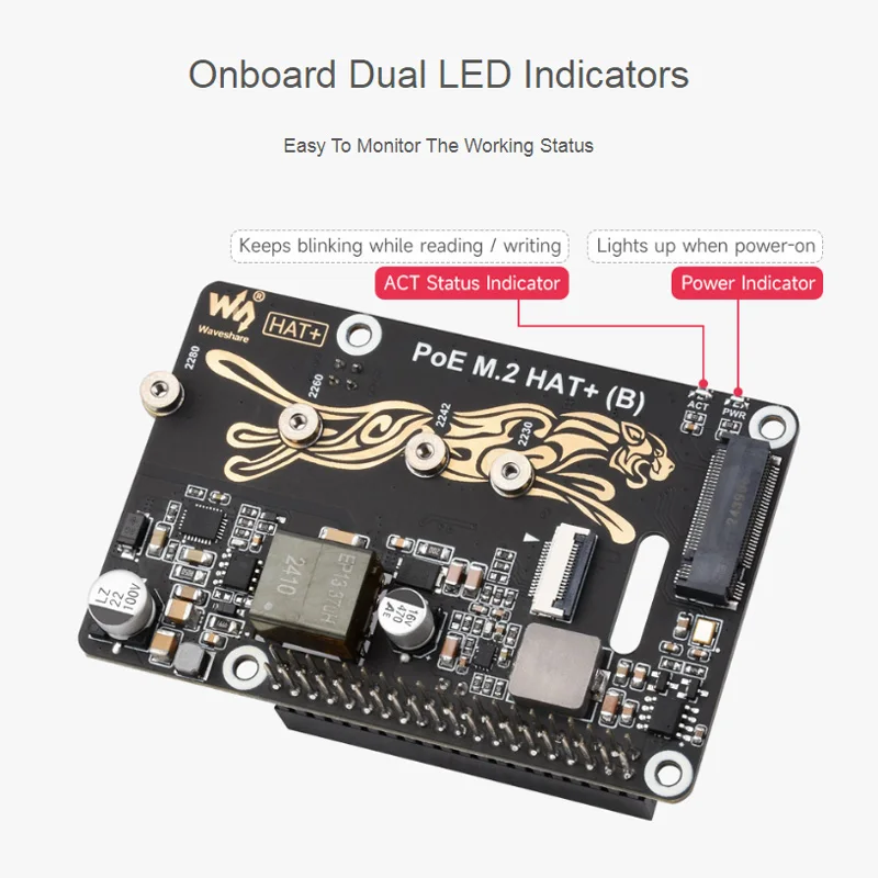 PoE HAT(B)가 포함된 M.2에 대한 Raspberry Pi 5 PCIe는 NVMe 프로토콜 M.2 솔리드 스테이트 드라이브를 지원합니다. 고속 읽기 쓰기 Pi 5 PoE HAT
