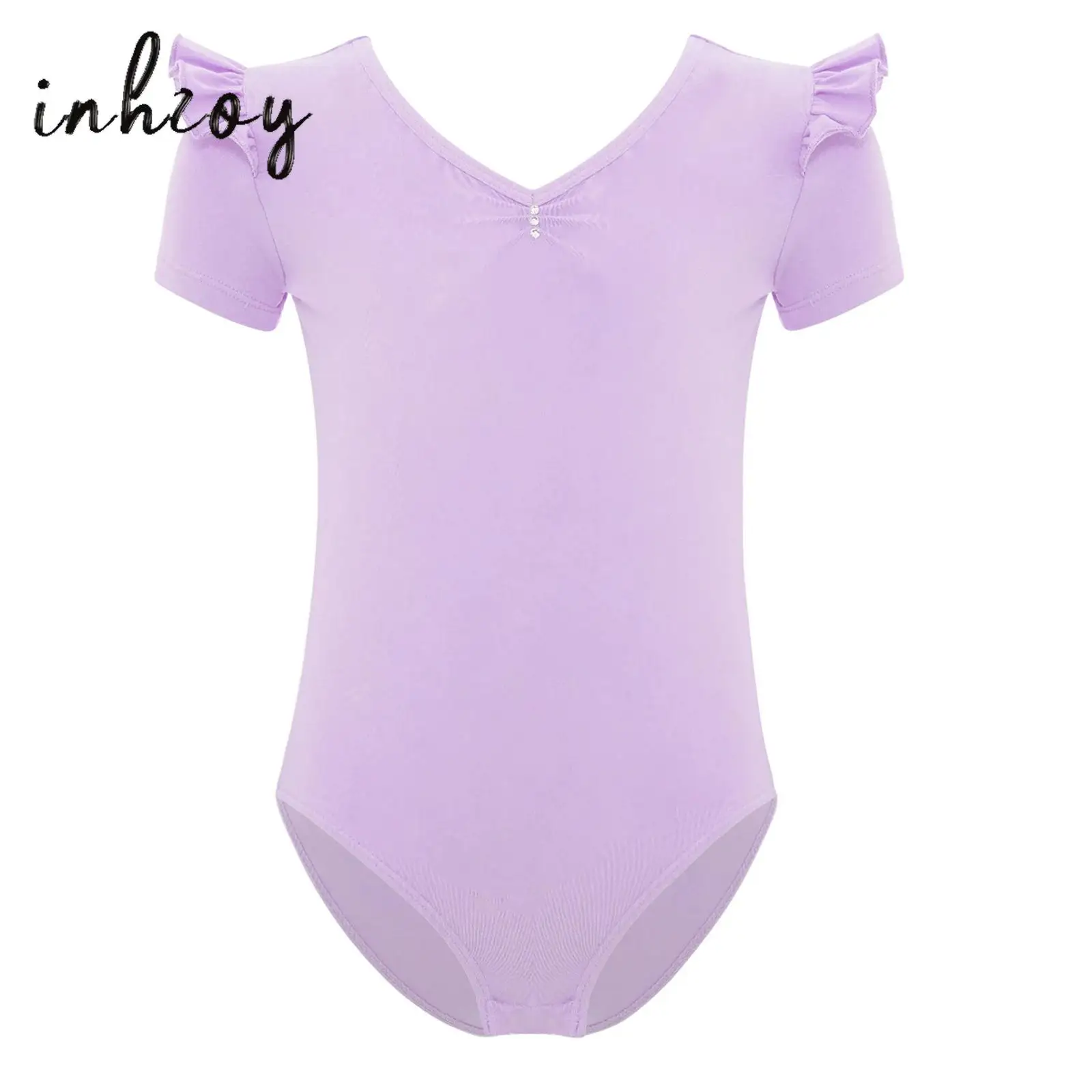 

Kids Girls Ballet Leotard Soft Cotton Cute Ruffle Short Sleeve V-Neck Ruched Bodysuit for Dance Practice Examination Performance