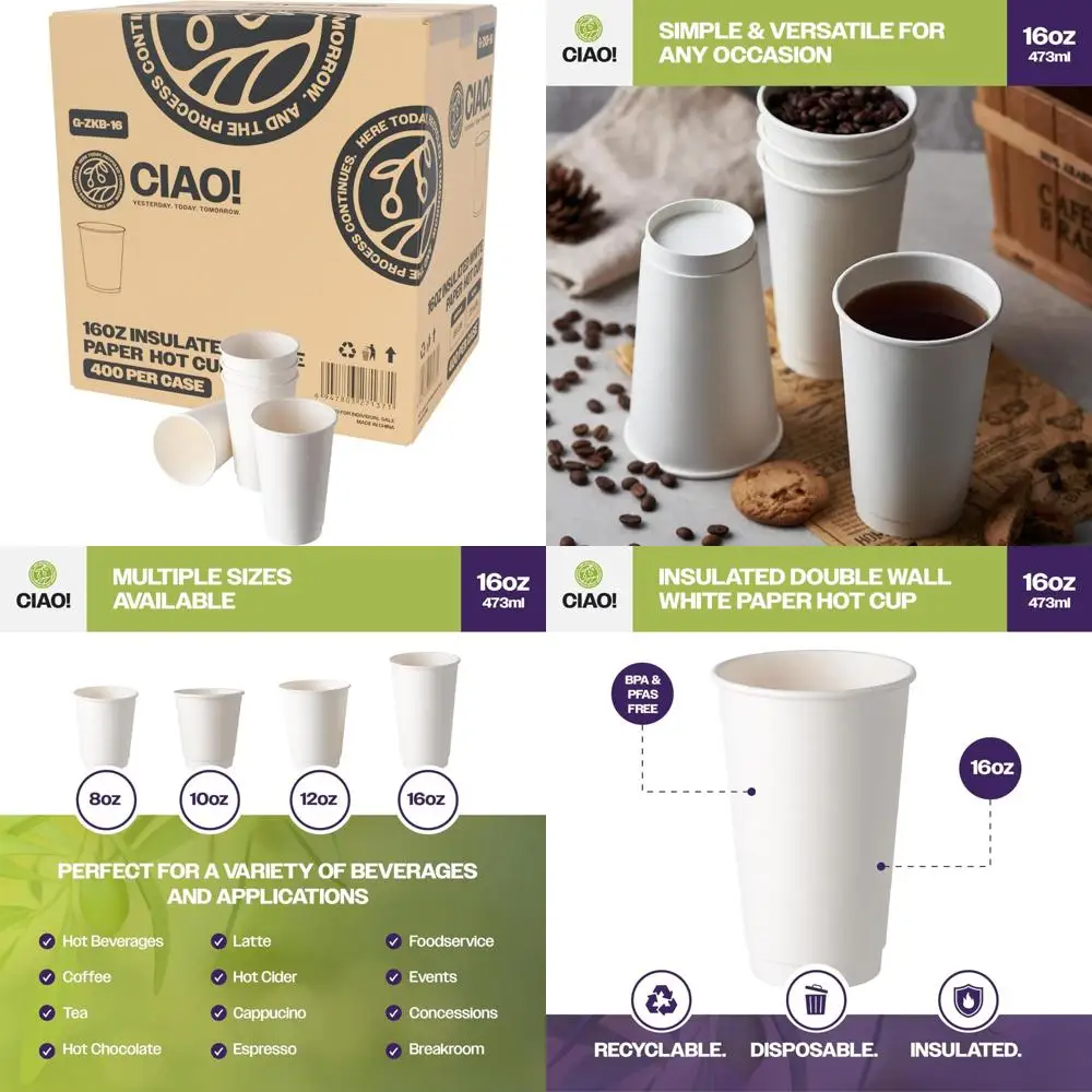 

CIAO! 16 oz Insulated Double Wall White Paper Hot Cup, 90mm Diameter, 400 Count