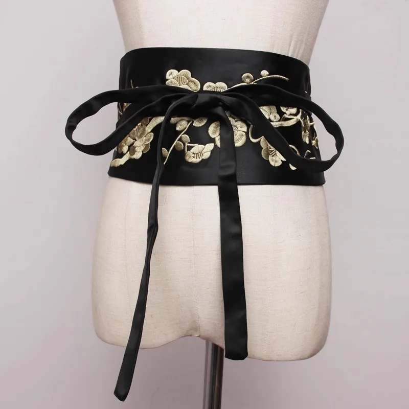 Women's Fashion Flower Embroidery Vintage Satin Corset Female Cummerbund Coat Waistband Dress Decration Wide Belt  J272