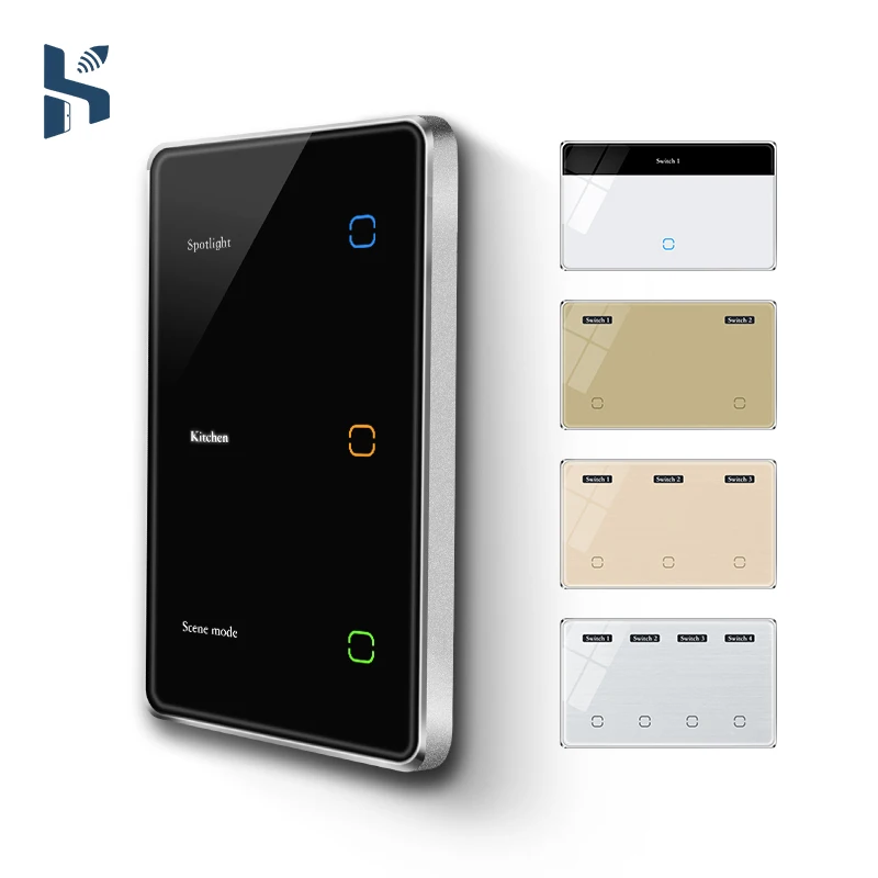 Tuya Smart Home LED Display Wall Lighting Switch US WiFi Switch 4Gang Aluminum PC Horizontal Installation Glass Touch Panel