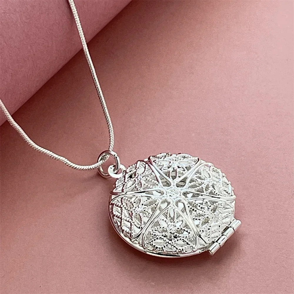 925 Silver Necklace Hollow Round Photo Frame Pendant, Suitable For Women's Daily Wear