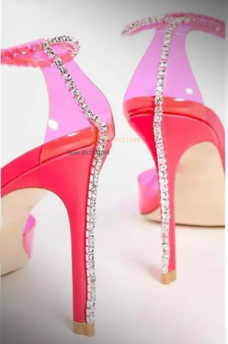 Glam Transparent Pvc Rhinestone Crystal Pointed Toe Pump Heeled Ankle Strap Women High Heel Pointy Dress Shoes