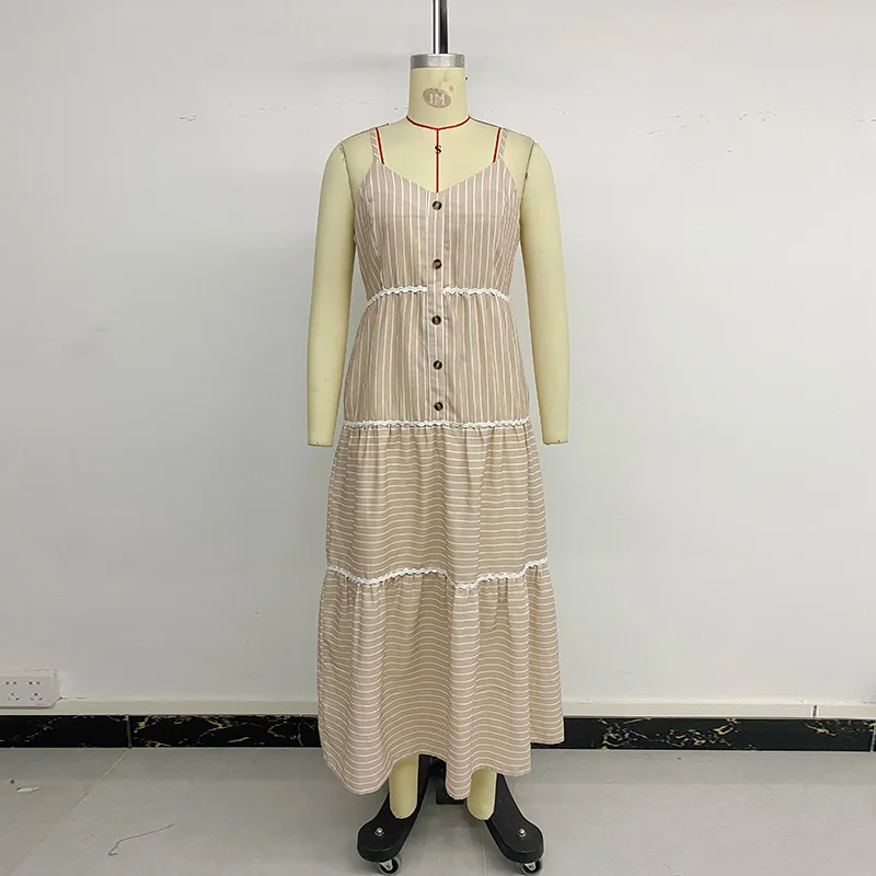 Benuynffy Gestreiftes vorderes Knopf-lässiges Cami-Kleid mit V-Ausschnitt, Damenmode, Urlaub, lockere große Schaukel, lange Kleider, Sommer 2025, Neu