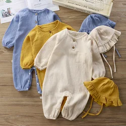 Barboteuse et chapeau en mousseline pour bébé, combinaison en coton pour enfants, vêtements pour nouveau-né fille et garçon, grenouillère pour tout-petit, tenue pour bébé, ensemble de vêtements pour bébé, 2 pièces