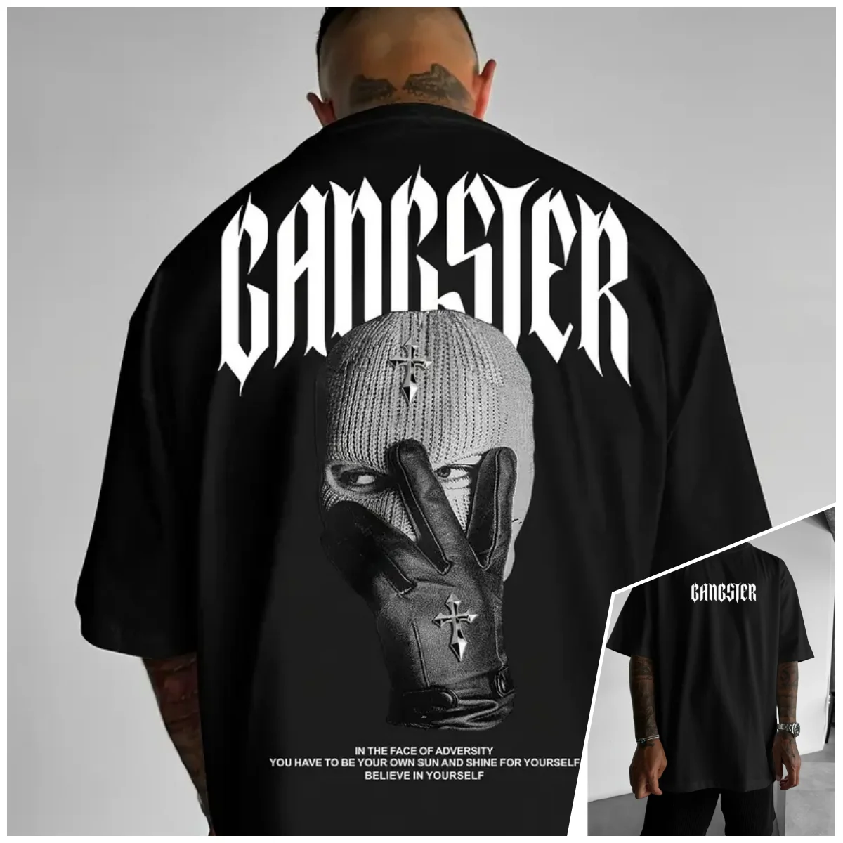 

Gangster Text & Mask Design Urban Graphic T-Shirt Men's Clothing Breathable Quick-drying Comfortable Street Casual Loose T-Shirt