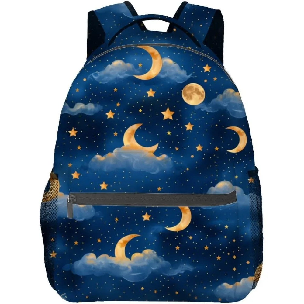 Moon Cloud Star Backpack,Celestial Night Sky Polyester Backpacks,Lightweight Double Shoulder Back Pack For Kids Teens,Dark Blue