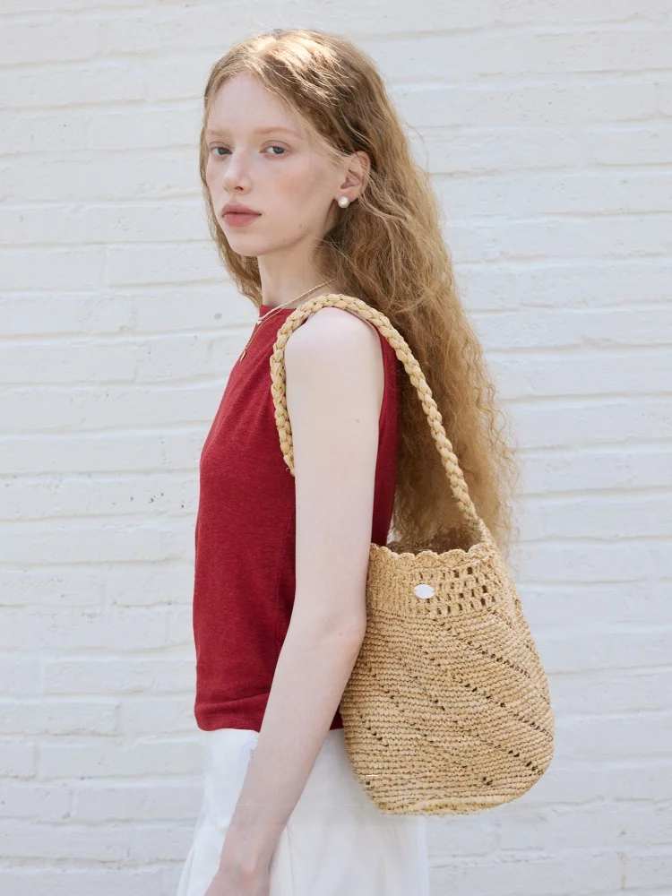 麗城新型中空小型バスケットショルダーバッグ、ストロー織りホリデービーチアイランドバケーションミニウォーターバケットバッグ