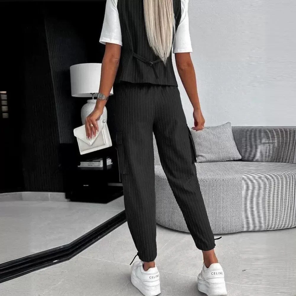 Women 2pcs Clothes Set White Striped Sleeveless Vest Suit Casual & Ankle Length Pants Trousers