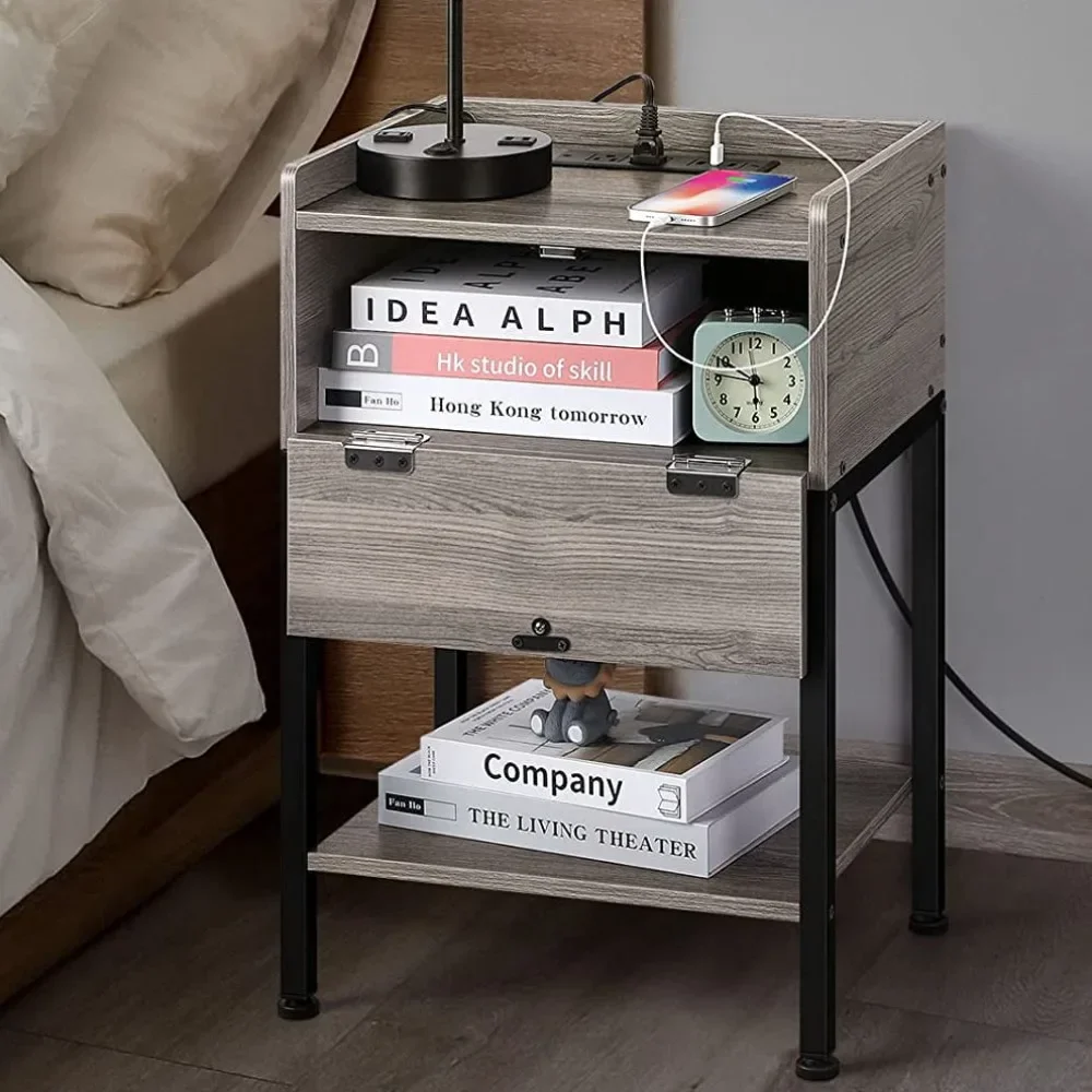 Gray Mobile Wood Side Table With Charging Station Nightstand End Table With Storage Drawer Nightstands Bedroom Furniture Bedside