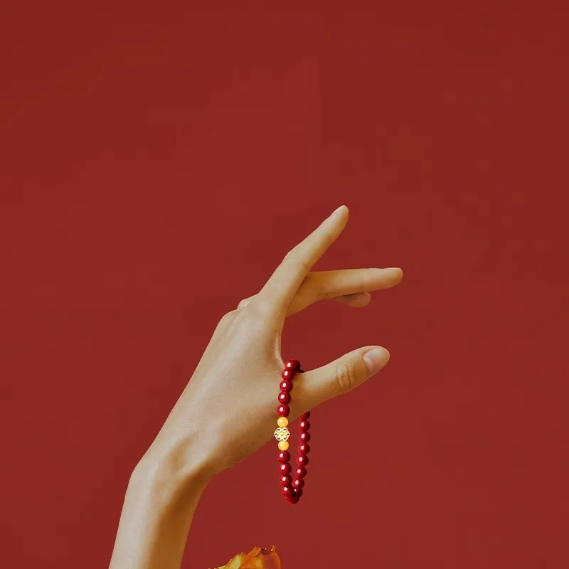 Purple Gold Cinnabar Beaded Bracelet For Women Genuine Amber Bead Sterling Silver Ruyi Charm Chinese Style Lucky Blessing Wealth
