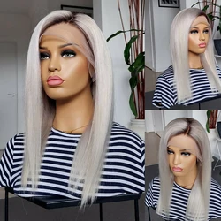 Perruque Lace Front Wig 100% naturelle, cheveux brésiliens, couleur ombré, gris platine, racines foncées, perruque Lace Wig transparente, pour femmes