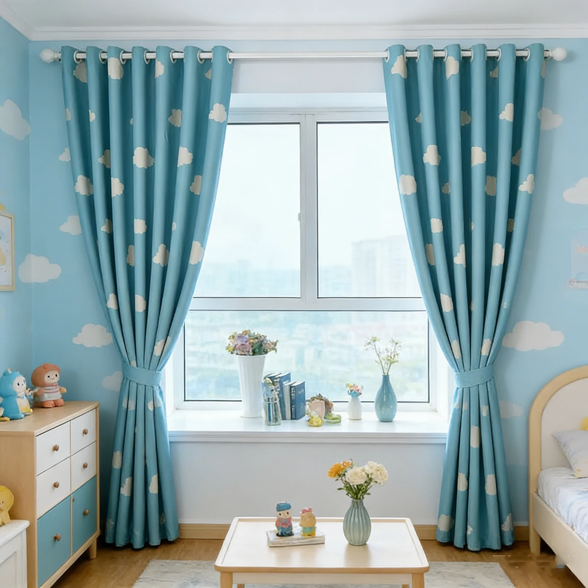 Blue Sky White Cloud Print Curtains for Boys Girls Kid's Bedroom Pink Semi-Shading Cartoon Window Curtain Drapes WP125#50