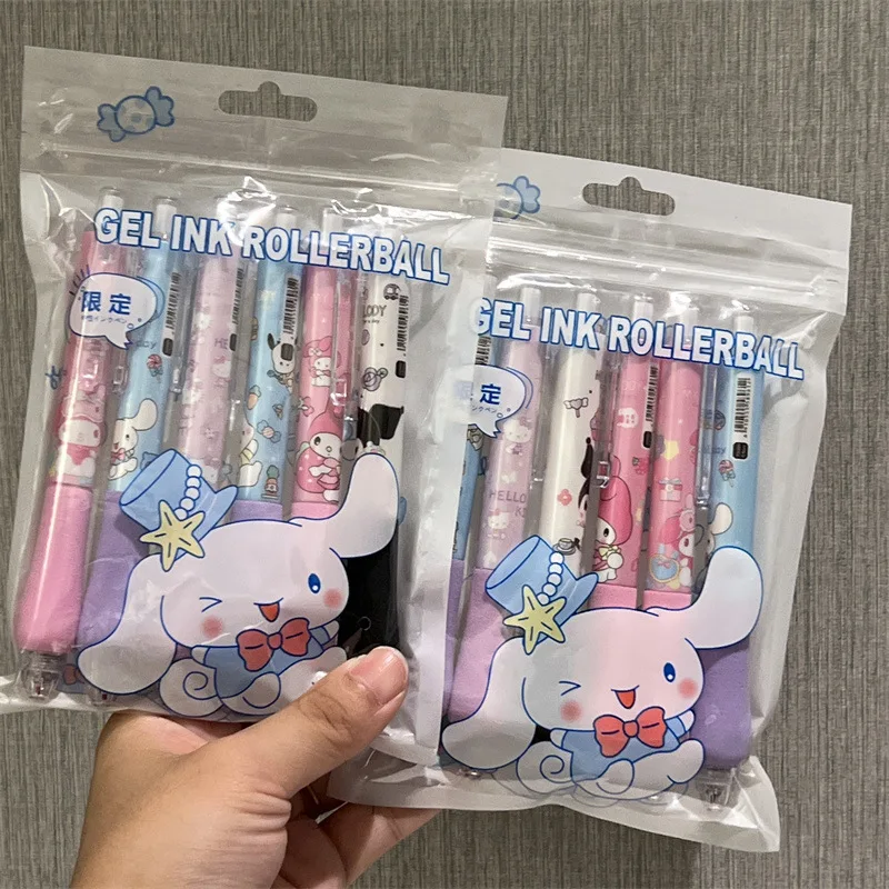 6pcs Sanrio Hello Kitty Kuromi Decompression Gel Pen Cartoon Pen Cinnamoroll Anime St Head Quick-drying Black Student Stationery