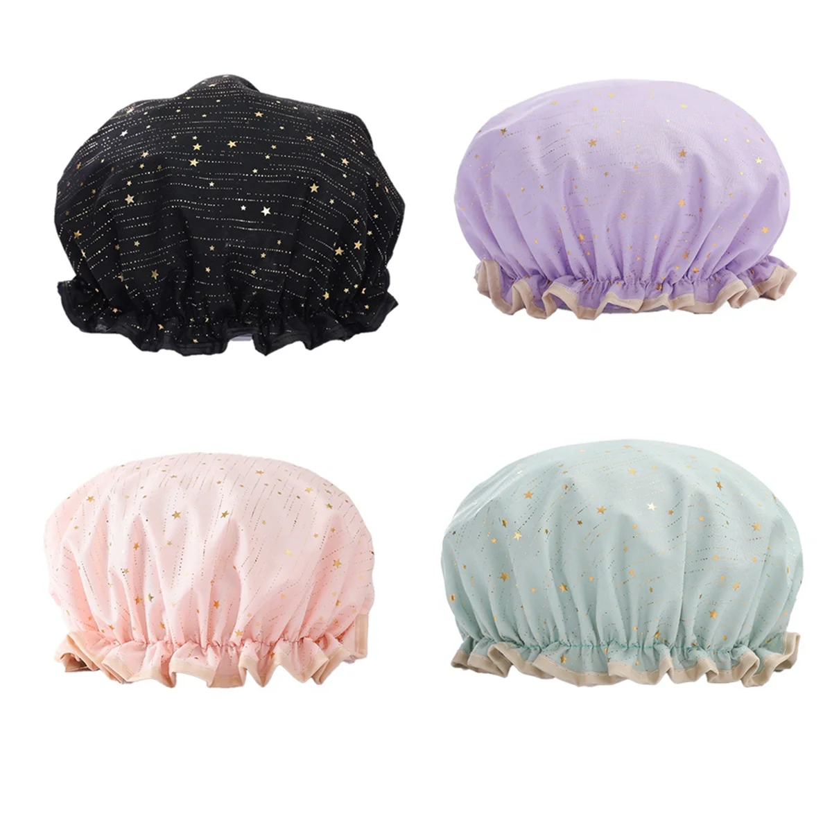 ABZD 4 Pack Waterproof Reusable Shower Cap, Elastic Bathing Shower Hat Double Layers Bathing Hair Cap Bath Cap