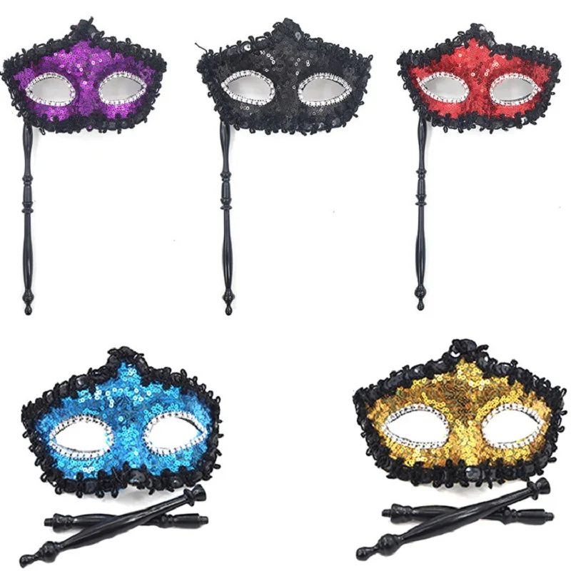 Women Hand Held Mask Masquerade Princess Mystique Sequin Half Face Mask Mardi Gras Party Holding Stick Half Face Mask