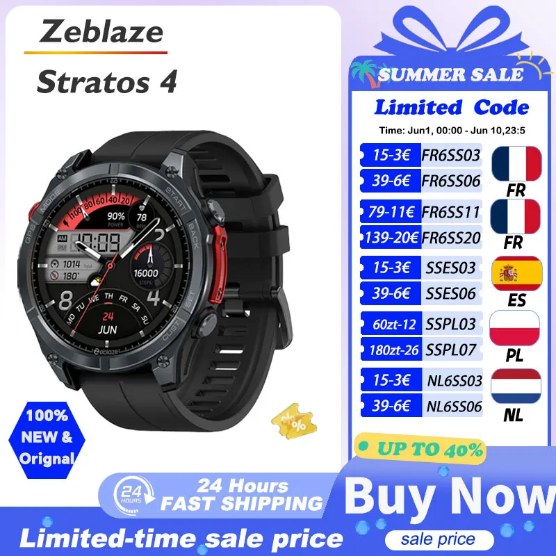 Montre connectée GPS Zeblaze Stratos 4 avec écran AMOLED 1,43 pouces, boussole intégrée, altimètre barométrique, lampe torche, appels vocaux