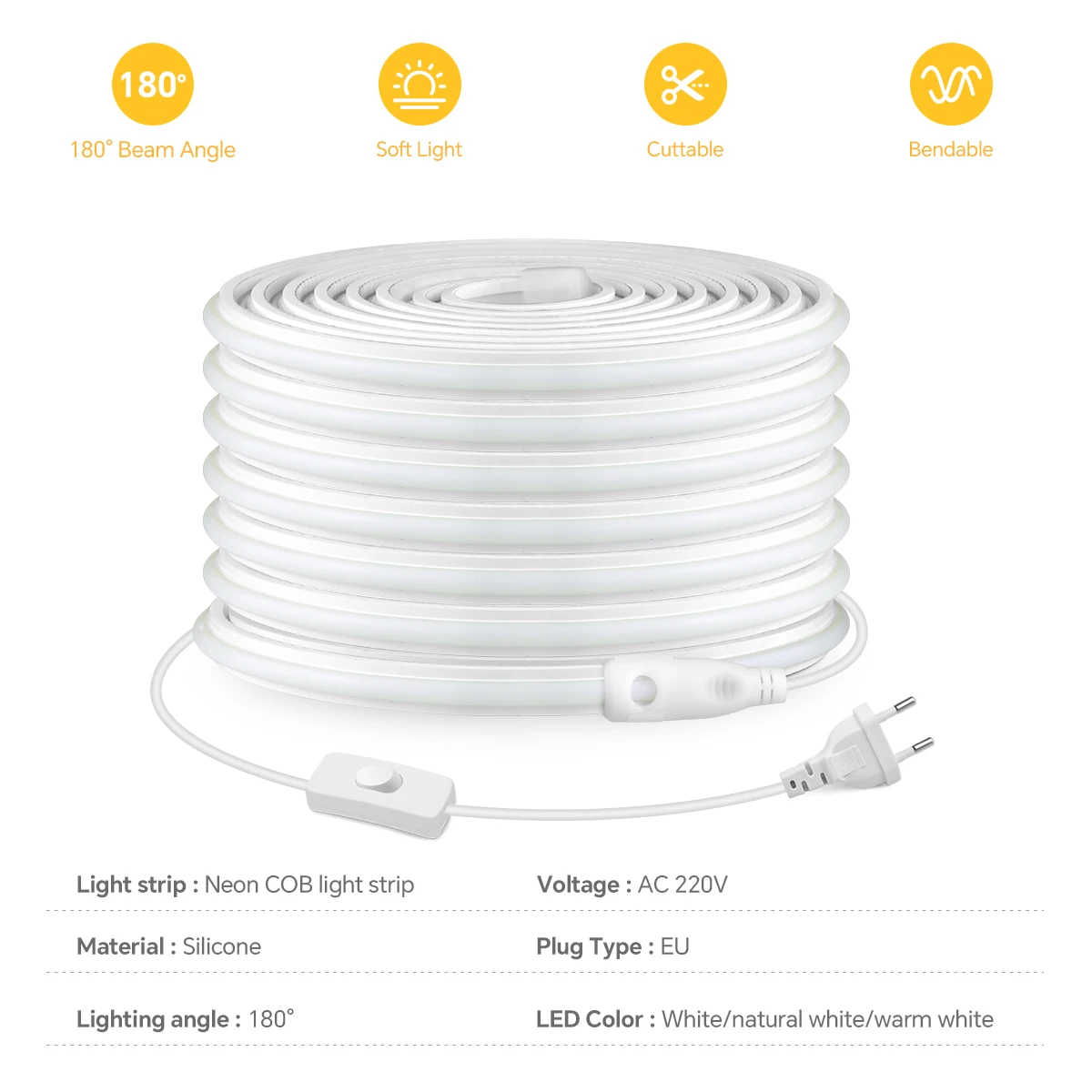 Super Bright 220V COB LED Strip Neon Lights 280LEDs/m Flexible Kitchen Lamp RA90 Waterproof LED Tape With EU Power Plug 1M-30M