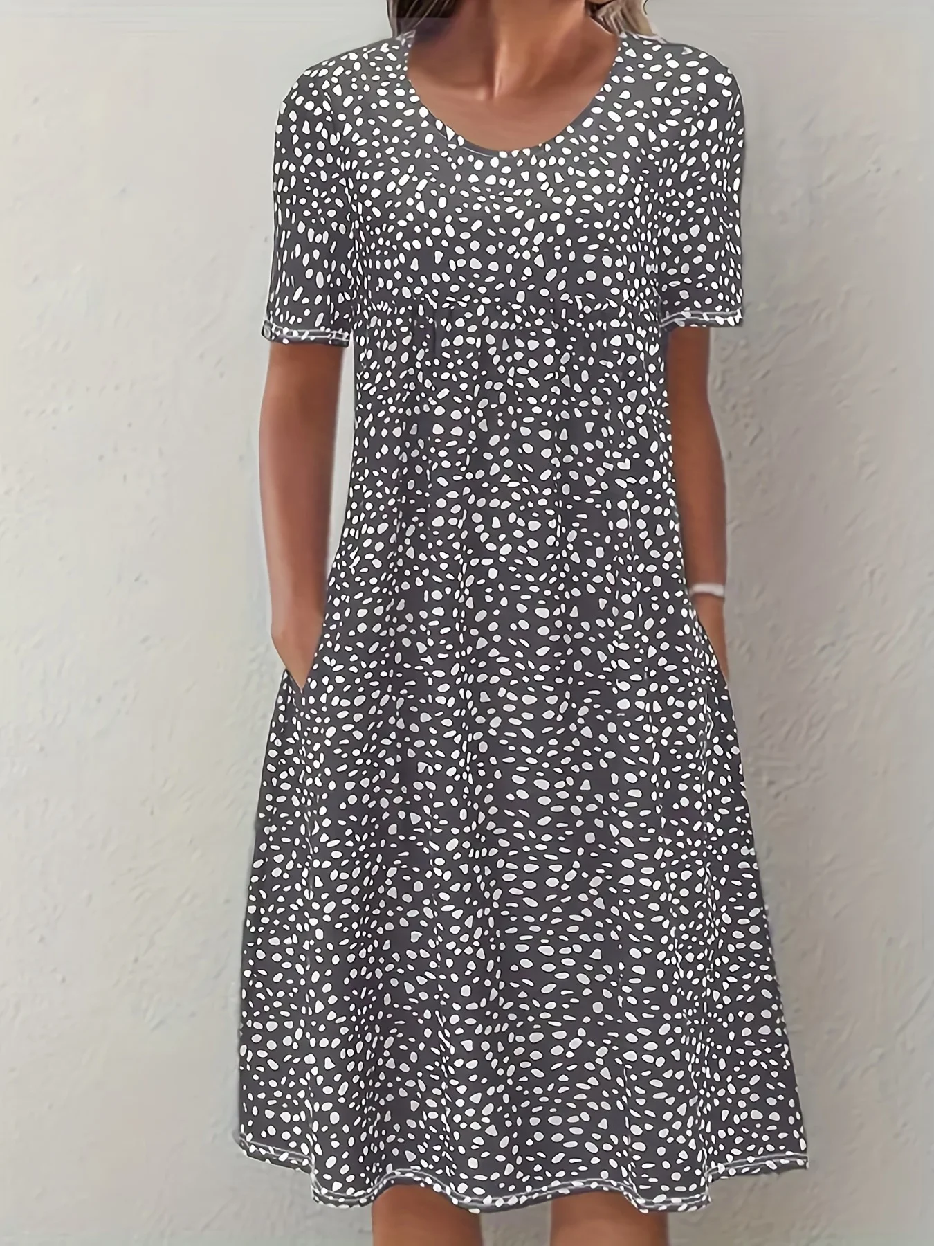 فستان نسائي بوهيمي بأكمام قصيرة بزهور ، فستان فضفاض غير رسمي ، رقبة مستديرة #1