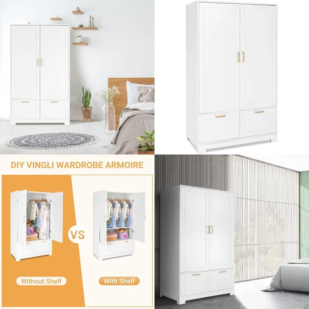 

35 White Freestanding Closet Armoire with Adjustable Shelves for Bedroom, Kids' Room, and Dorms