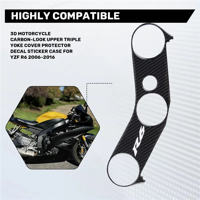 AASS-3D Motorcycle Carbon-Look Upper Triple Yoke Cover Protector Decal Sticker Case For YZF R6 2006-2016