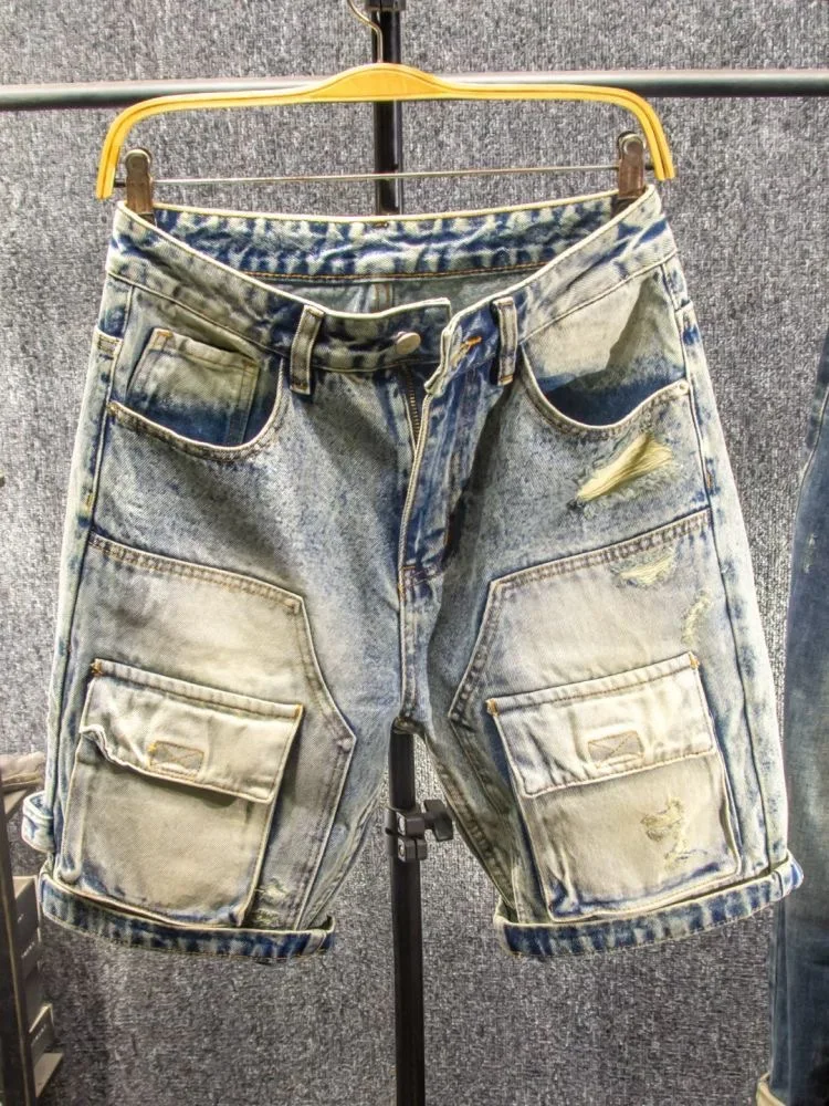 ヴィンテージ穴デニムショーツ男性マルチポケットパッチワークカーゴショートパンツストリートファッショングラデーションジーンズ夏のカジュアルショーツ