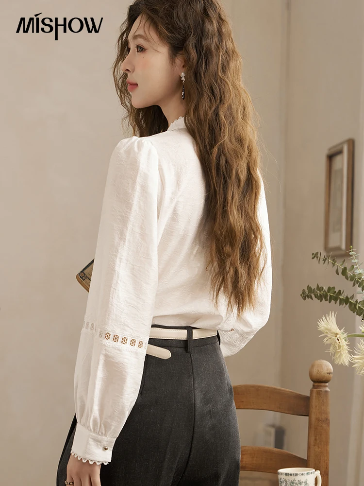 MISHOW French Hollow Out Long Sleeve Top 2024 Spring Chic Retro Stand Neck Lyocell Solid Puff Sleeve Elegant Shirts MXD12X1368