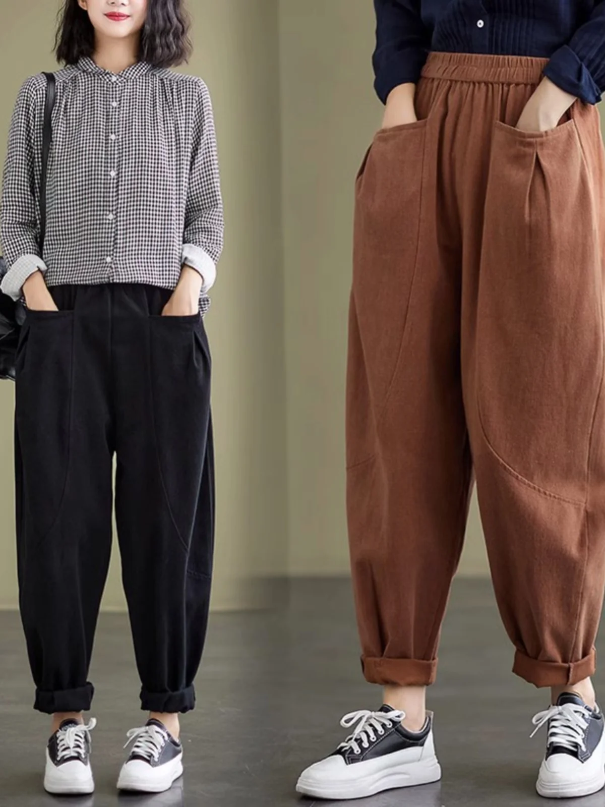 Loose Casual Pants for Women Artistic Splicing Elastic Waist Wide Leg Harlan Pants Autumn Winter plus Size Slimming Effect