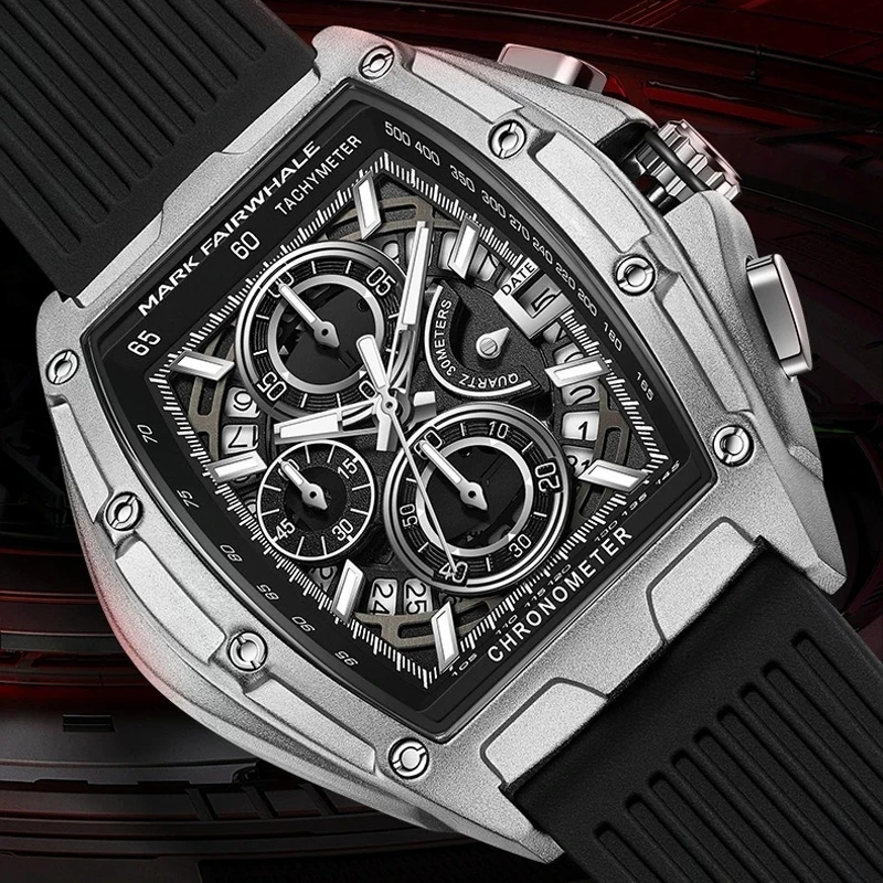 Mark Fairwhale Orologio da uomo sportivo di marca Orologi di moda di lusso per uomo Orologio da polso al quarzo con cronografo dal design unico tonneau maschile