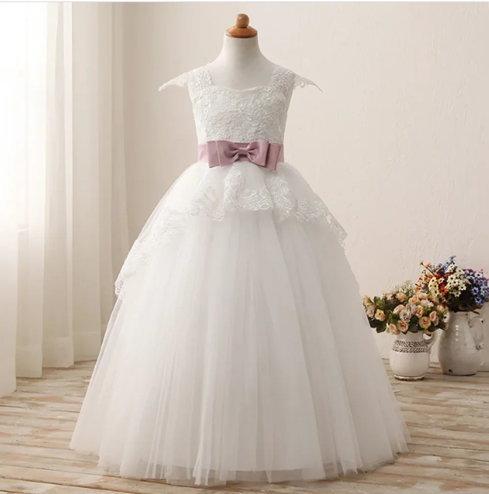 

Flower Girls Dresses for Weddings Elegant Children Prom Long Party Dress with Bow Lace Straps Kids Toddler Girl's Evening Dress