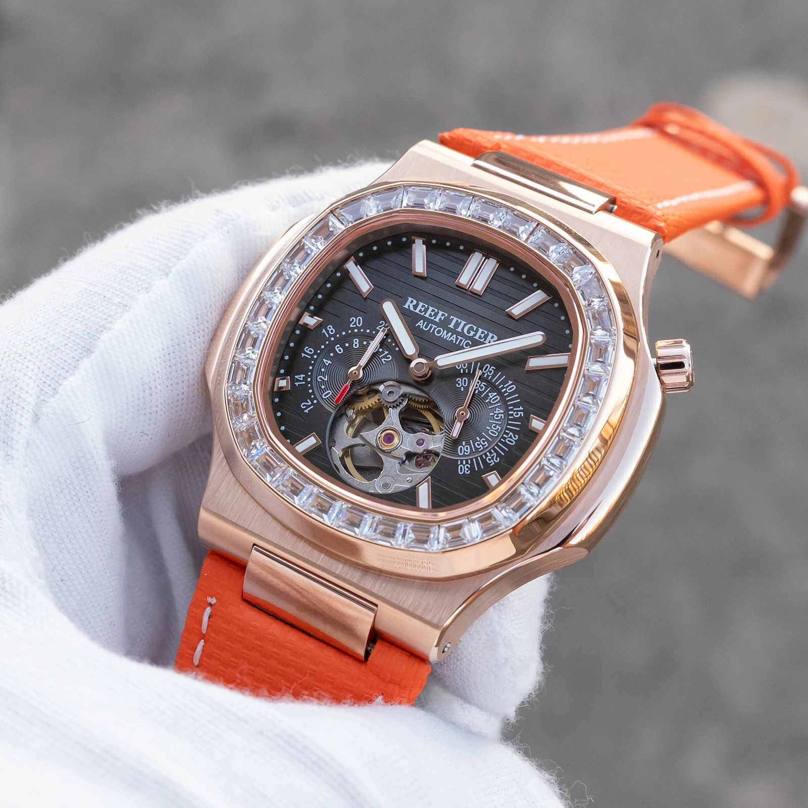 Reef Tiger Luxury Rose Gold Black Dial Square Automatic Watch With Diamonds 24 Hour Tourbillon Orange Leather Mechanical Watches
