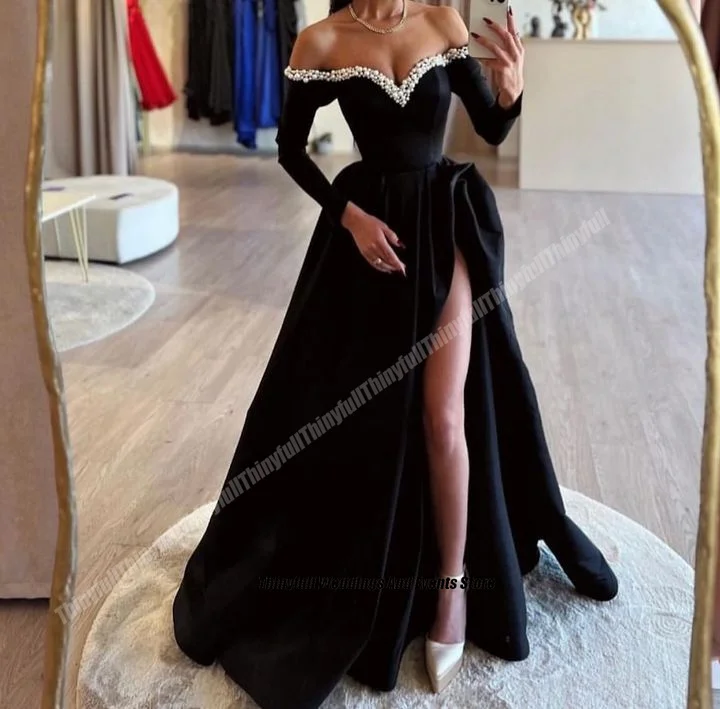 Thinyfull Black Off Shoulder Prom Dresses A-Line Satin Long Sleeves Beading Evening Party Gowns Split Formal Occasion Dress