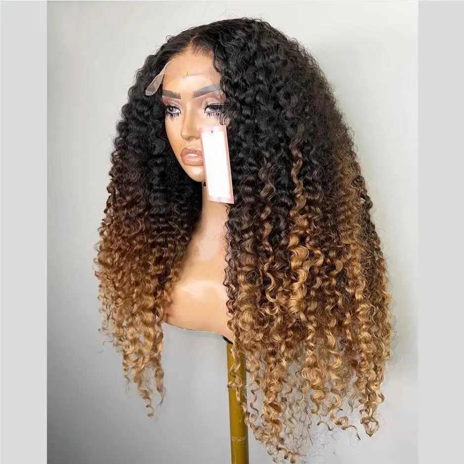 Soft 26Inch Long Ombre Brown Kinky Curly 180Density Glueless Deep Lace Front Wig For Women With Baby Hair Preplucked Daily