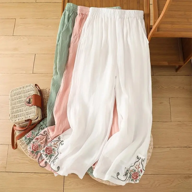 Summer Office Lady Simplicity Embroidered Elastic Waist Wide Leg Pants Ladies Chinese Style Cotton Thin Loose Waist Trousers