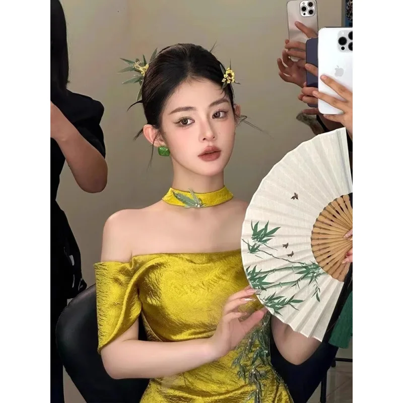 New Chinese Style Morning Gowns Women's 2024 New Tube Top Bride Engagement Formal Dress Toast Clothing off-Shoulder Host Evening