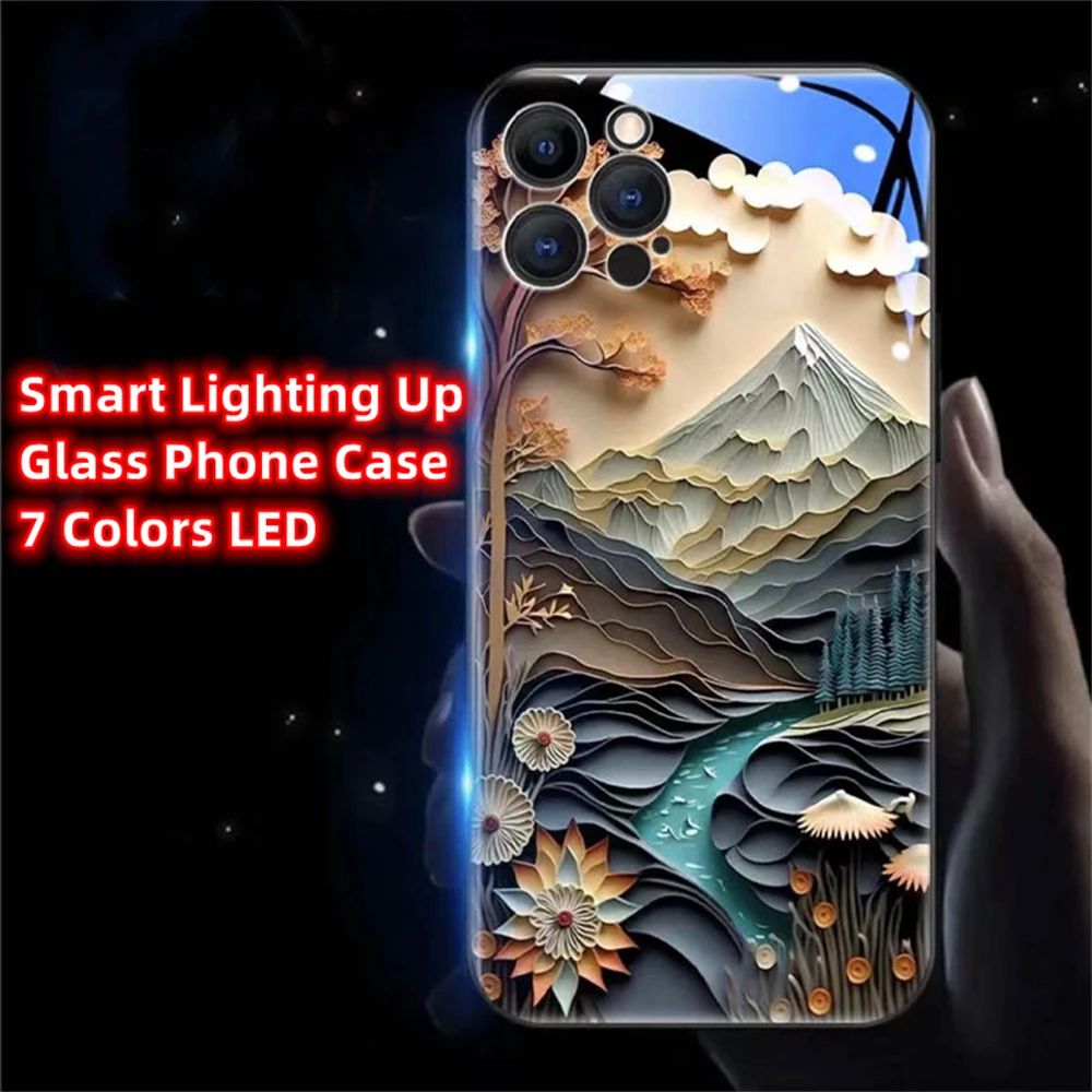 Pretty Mountain Scenery Design Smart LED Light Glow Tempered Glass Phone Case For iPhone Air 17 16 15 14 13 12 11 Pro Max Plus