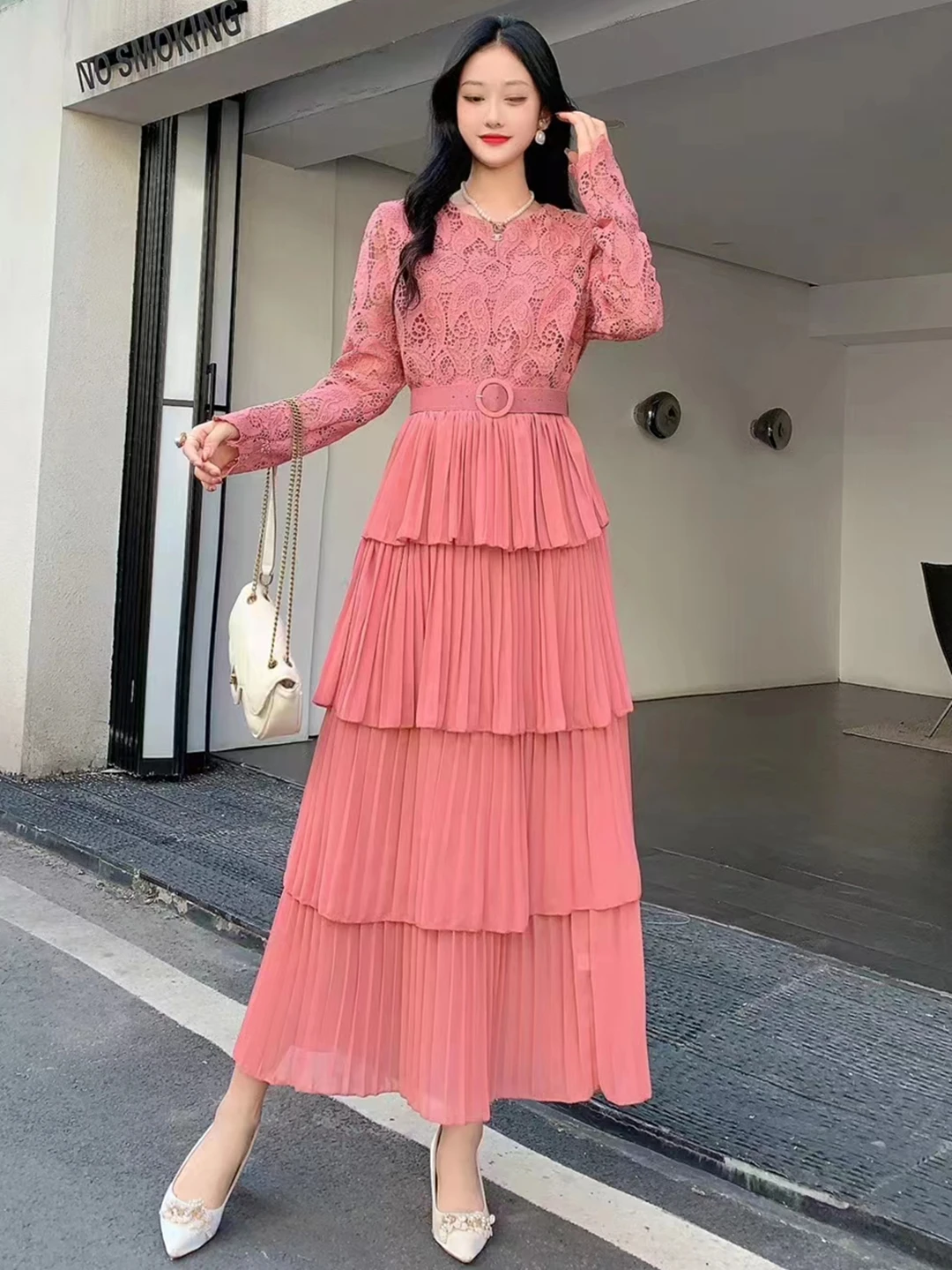 2024 New Spring Autumn Women Long Sleeve Belt Slim Long Dress High Quality Lace Patchwork Pleated Cake Hem Sweet Party Dress