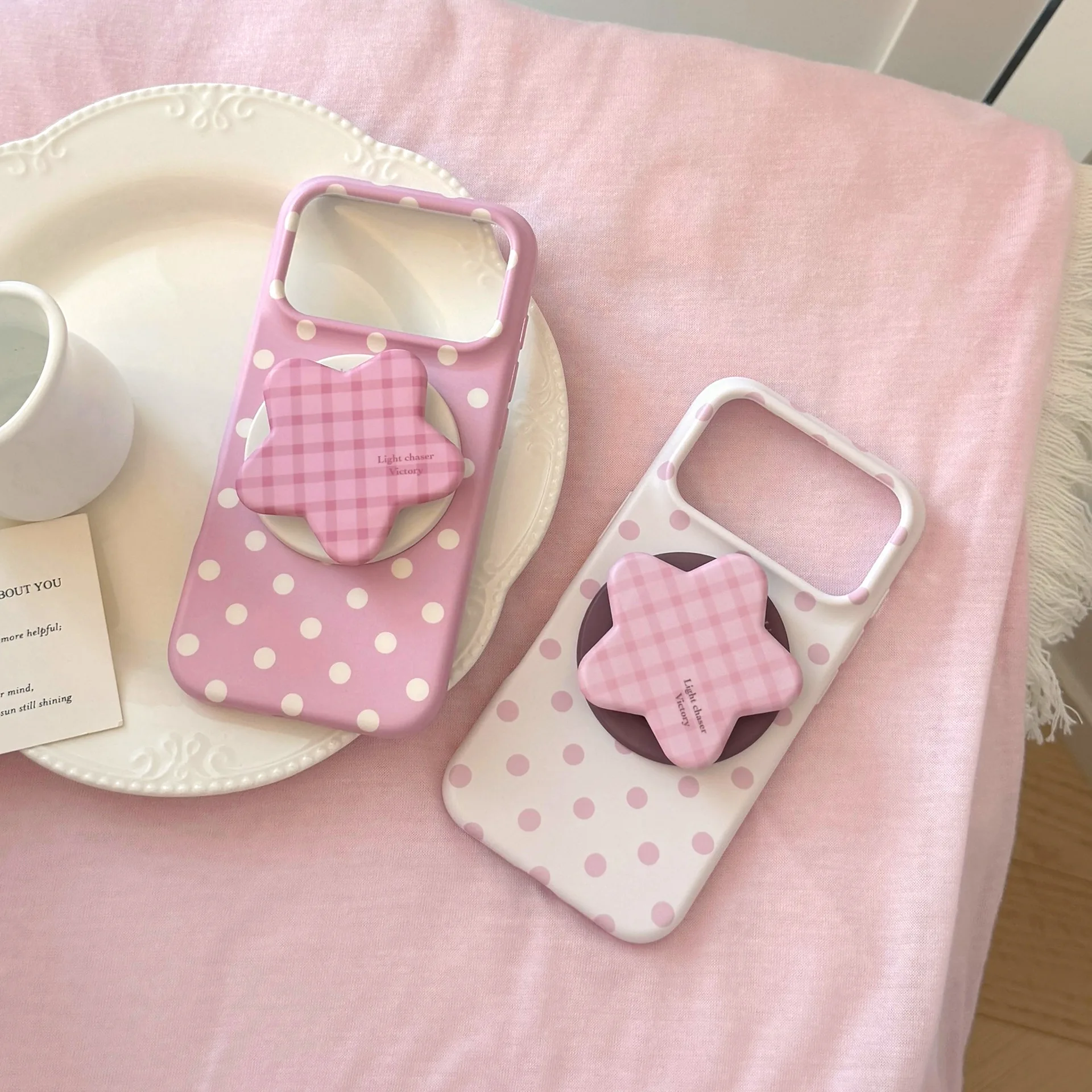 Korean Full Screen Polka Dots With Plaid Stars Magnetic Bracket Phone Case for iPhone 17 16 15 14 Pro Max Shockproof Soft Cover