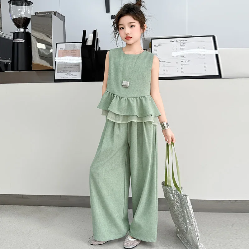 

Summer Children Clothes Fashion Vest + Wide Leg Pants 2PCS Girls Suit Sweet Cool Kids Outfits Girls Sleeveless Ruffled Set