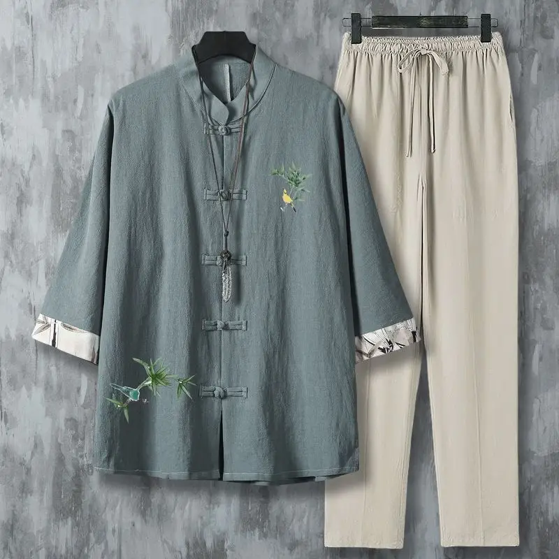 

New Ethnic Style Linen Shirt Women 7 Sleeve Blouse Loose Fit Mandarin Collar Breathable Summer Tops Casual Cotton Tunic