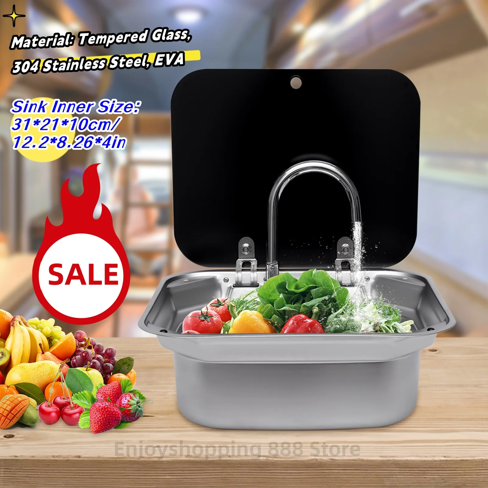 

RV Kitchen Sink Unit Caravan Camper Hand Wash Rectangular Basin w/ Stainless Steel Faucet