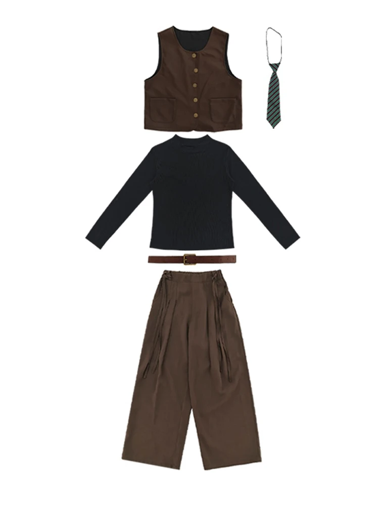 Costume de danse Hip Hop pour enfants, gilet marron, chemise à manches longues et pantalon pour filles, vêtements de spectacle de danse de rue Kpop BL17811