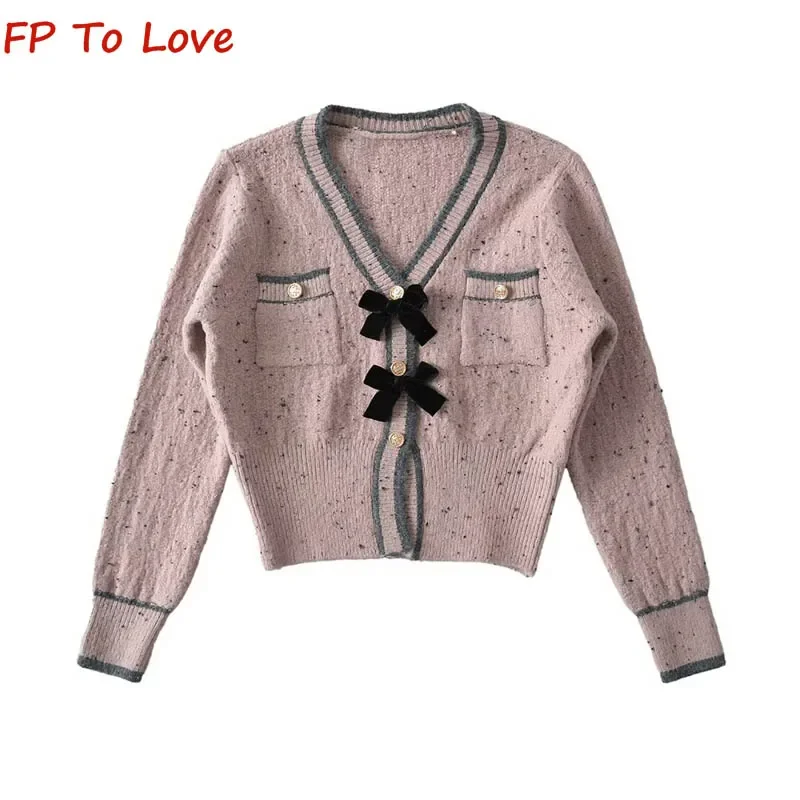 Pink V-Neck Bow Trimmed Knitted Cardigan Women Sweet Autumn Winter Sweater Design Pocket Jacket